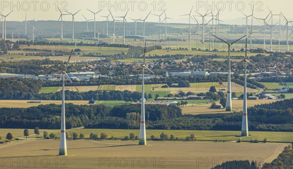 Aerial photo, wind turbines, Wewelsburg, Büren, Ostwestfalen-Lippe, North Rhine-Westphalia,