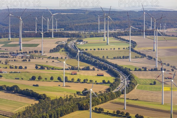 Aerial view, wind turbines, motorway A44, motorway service area Sintfeld, Wewelsburg, Büren,