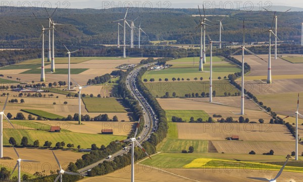 Aerial view, wind turbines, motorway A44, motorway service area Sintfeld, Wewelsburg, Büren,