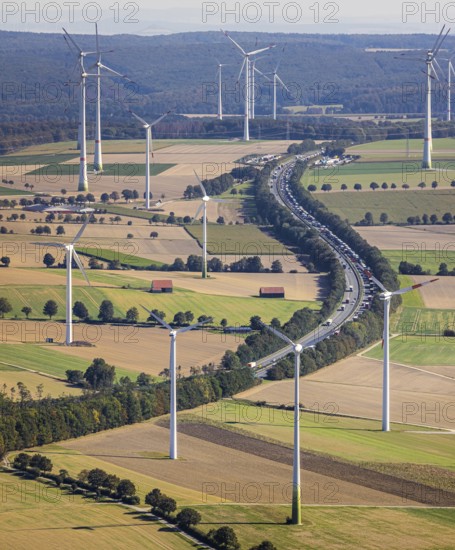 Aerial view, wind turbines, motorway A44, motorway service area Sintfeld, Wewelsburg, Büren,