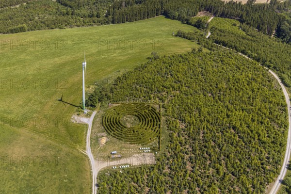 Aerial view, windmill, labyrinth, Schultenhof, Balve, Sauerland, North Rhine-Westphalia, Germany,