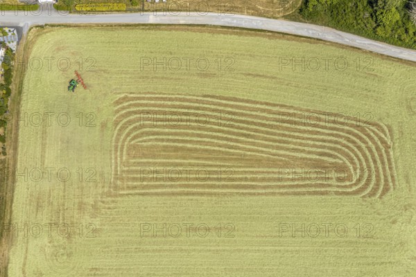 Aerial view, agricultural fields, hay harvest, tractor mowing meadow, Liboriweg, Balve, Sauerland,