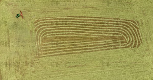 Aerial view, agricultural fields, hay harvest, tractor mowing meadow, Liboriweg, Balve, Sauerland,