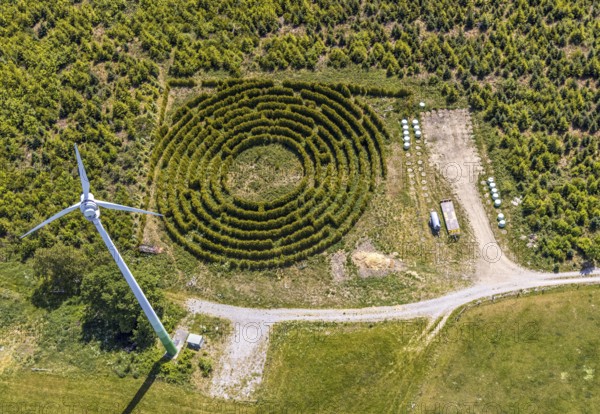 Aerial view, windmill, labyrinth, Schultenhof, Balve, Sauerland, North Rhine-Westphalia, Germany,