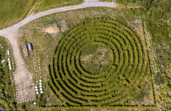 Aerial view, labyrinth, Schultenhof, Balve, Sauerland, North Rhine-Westphalia, Germany, DE, Europe,