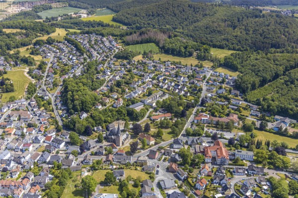 Aerial view, aerial view Blave, Church of St. Blasius, Balve, Sauerland, North Rhine-Westphalia,