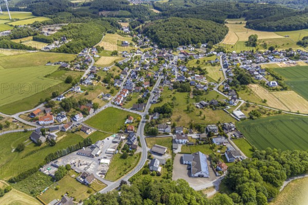 Aerial view, local view district Beckum, catholic church St. Nikolaus, Balve, Sauerland, North