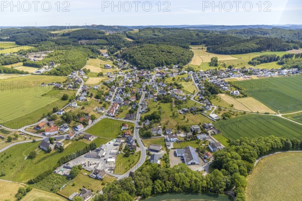 Aerial view, local view district Beckum, catholic church St. Nikolaus, Balve, Sauerland, North