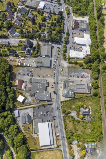 Aerial view, retail mile, shopping street Hönnetalstraße, Bundesstraße 229, Balve, Sauerland, North