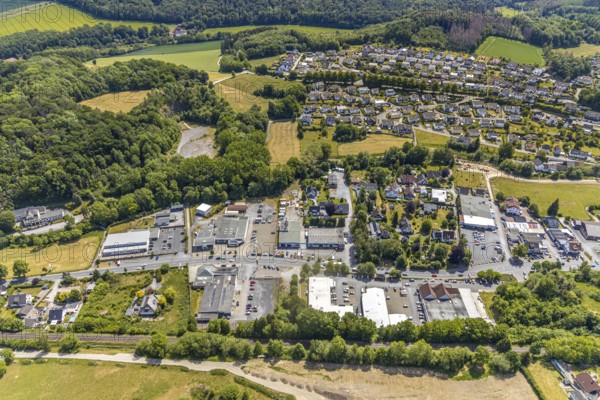 Aerial view, retail mile, shopping street Hönnetalstraße, Bundesstraße 229, Balve, Sauerland, North