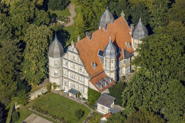 Aerial view, Barntrup Castle with corner towers, Barntrup, East Westphalia-Lippe, North