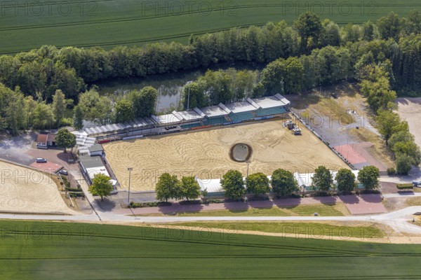 Aerial view, riding centre Reiterverein Balve, at Wocklum Castle, Balve, Sauerland, North