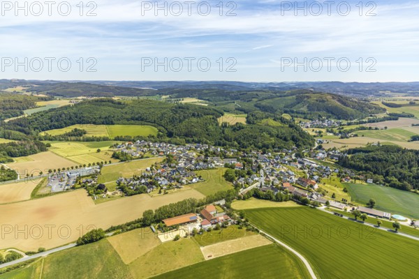 Aerial view, local view Langenholthausen, Goldbäckerei Grote GmbH, Sunderner Straße, Balve,