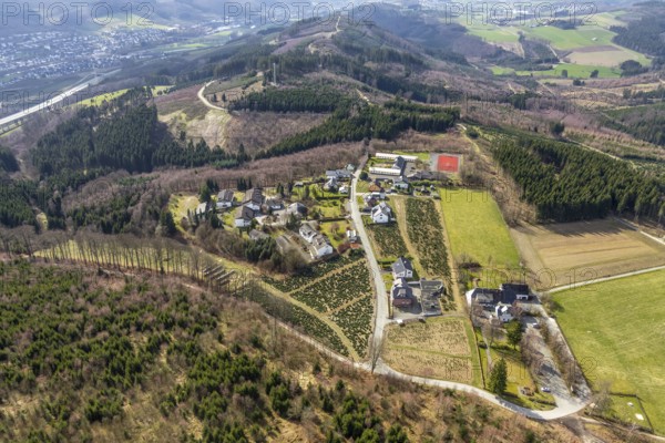 Aerial view, local view Föckinghausen, school hostel, Bestwig, North Rhine-Westphalia, Germany,