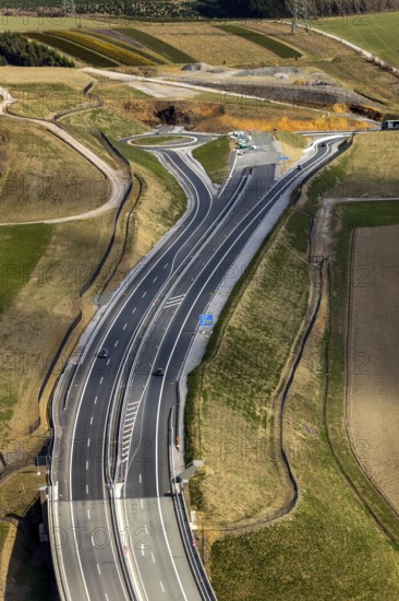 Aerial view, valley bridge Nuttlar, motorway A46, view of Nuttlar, junction B480n, hilly landscape,