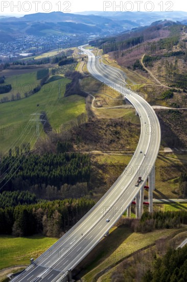 Aerial view, valley bridge Nuttlar, motorway A46, local view Nuttlar, hilly landscape, Bestwig,