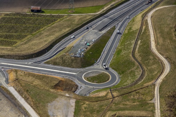 Aerial view, motorway A46, Nuttlar junction B480n, hilly landscape, Bestwig, North
