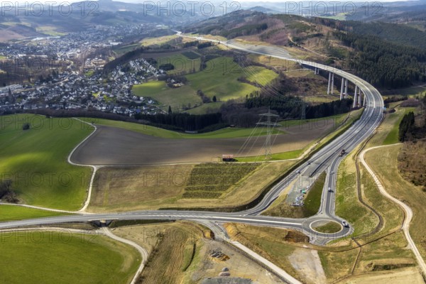 Aerial view, valley bridge Nuttlar, motorway A46, view of Nuttlar, junction B480n, hilly landscape,