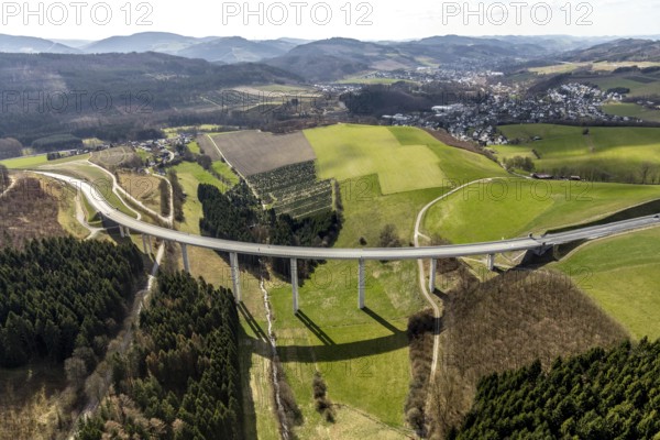 Aerial view, Schormecke viaduct, federal road B480n, feeder road to motorway A46, hilly landscape,