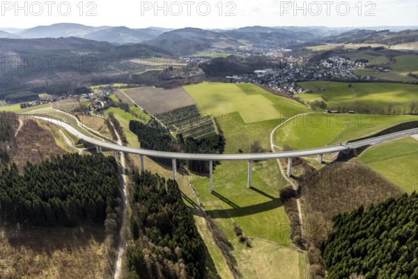 Aerial view, Schormecke viaduct, federal road B480n, feeder road to motorway A46, hilly landscape,