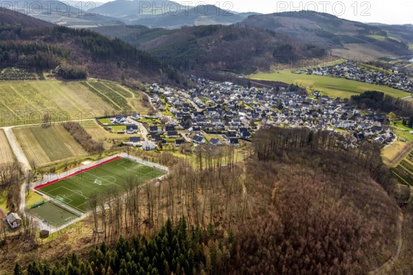 Aerial view, local view Bestwig, sports field Ostwig, Bestwig, North Rhine-Westphalia, Germany,