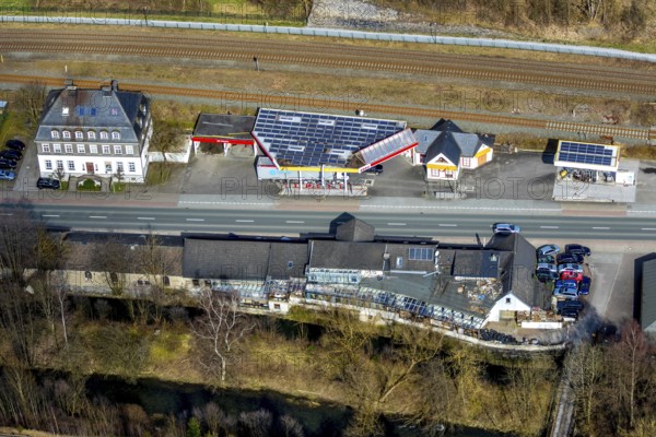 Aerial view, petrol station Esso Nuttlar, federal road B7, river Ruhr, Bestwig, North
