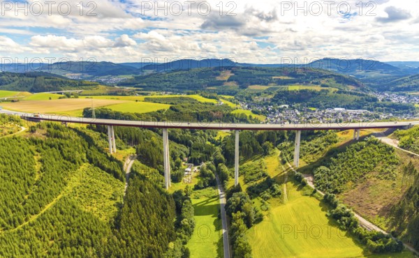 Aerial view, Nuttlar viaduct, motorway A46, Bestwig, Sauerland, North Rhine-Westphalia, Germany,