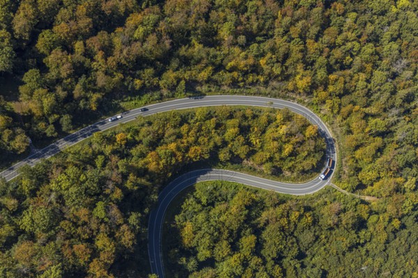 Aerial view, serpentine road in forest area, north of Jakobsberg, Beverungen, East
