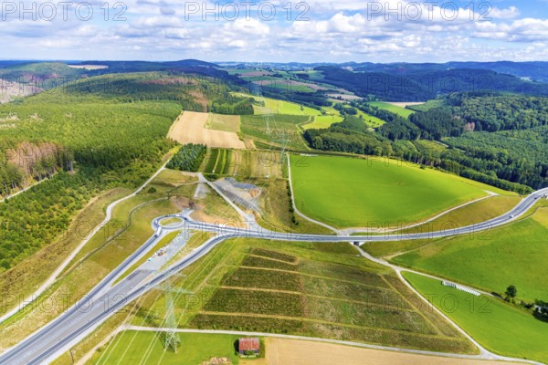 Aerial view, motorway A46, Nuttlar junction B480n, view towards Brilon, further construction of the