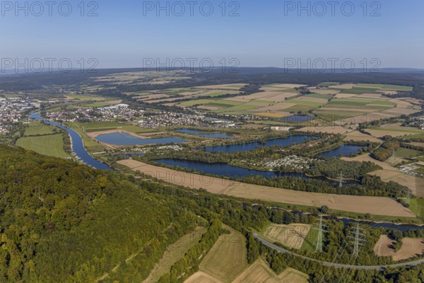 Aerial view, river Weser, Axelsee, camping site, marina Dreiländereck Lauenförde, view to