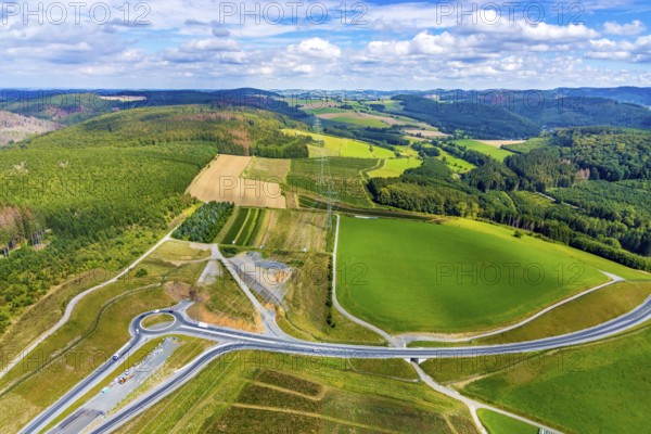 Aerial view, motorway A46, Nuttlar junction B480n, view towards Brilon, further construction of the