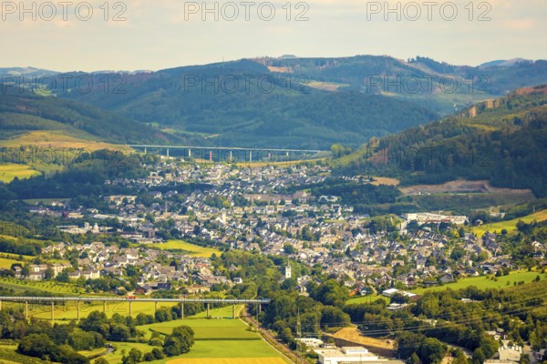 Aerial view, Ruhr valley bridge Velmede, valley bridge Schormecke, river Ruhr, view of Velmede and