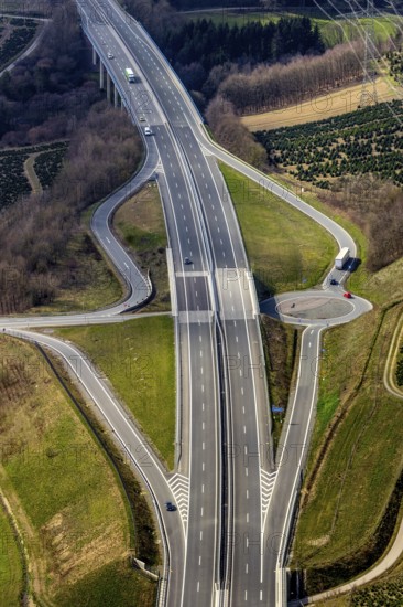 Aerial view, motorway A46, motorway junction Bestwig, Bestwig, North Rhine-Westphalia, Germany,