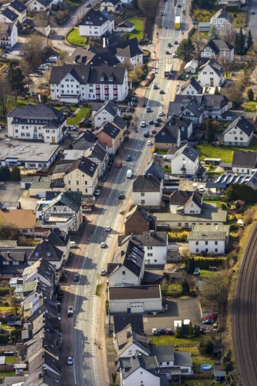 Aerial view, traffic volume federal road B7 in Bestwig Velmede, Bestwig, North Rhine-Westphalia,