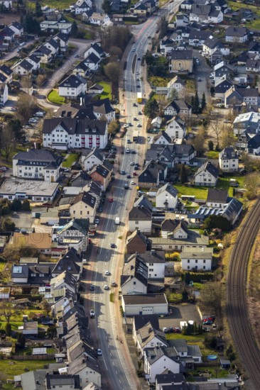Aerial view, traffic volume federal road B7 in Bestwig Velmede, Bestwig, North Rhine-Westphalia,