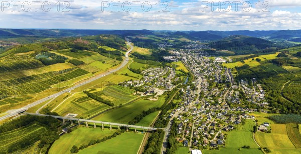 Aerial view, Ruhr valley bridge Velmede, valley bridge Schormecke, river Ruhr, motorway A46, view