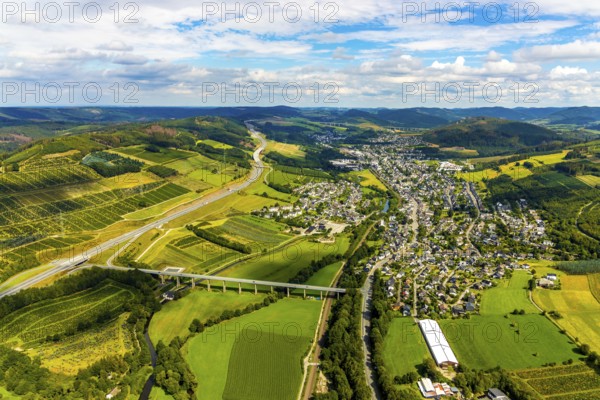 Aerial view, Ruhr valley bridge Velmede, valley bridge Schormecke, river Ruhr, motorway A46, view
