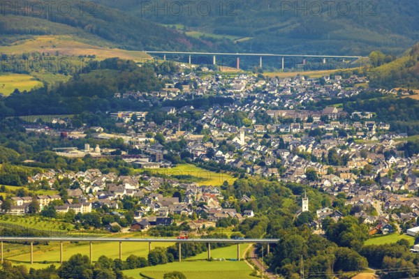 Aerial view, Ruhr valley bridge Velmede, valley bridge Schormecke, river Ruhr, view of Velmede and