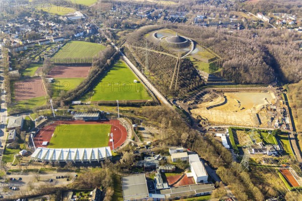 Aerial photograph, Lohrheide stadium, Rheinelbe spoil tip, construction site rainwater retention