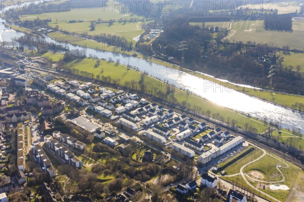 Aerial view, Ruhrauenpark Dahlhausen, new development area, river Ruhr, Dahlhausen, Bochum, Ruhr