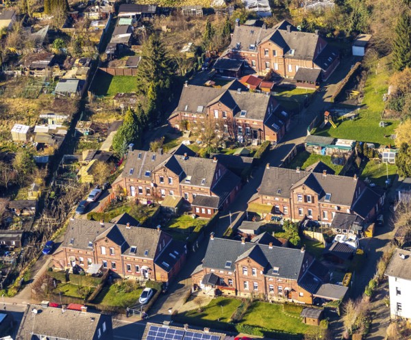 Aerial view, housing estate Am Ruhrort, terraced houses, workers' housing estate, colliery houses
