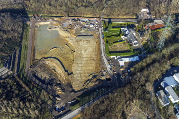 Aerial view, construction site rainwater retention basin Wattenscheider Bach, Hollandstraße,