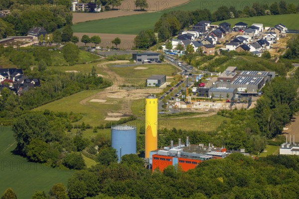 Aerial view, Stadtwerke Bochum colourful buildings, industrial area Steiger-Stein-Straße,