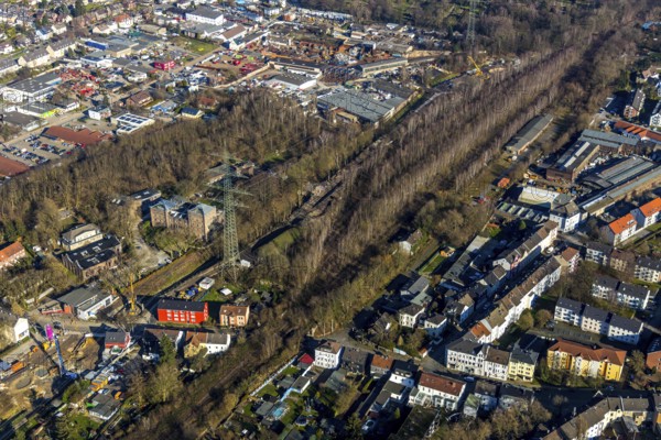 Aerial view, planned cycle path on former railway line, local view Ückendorf, former goods station
