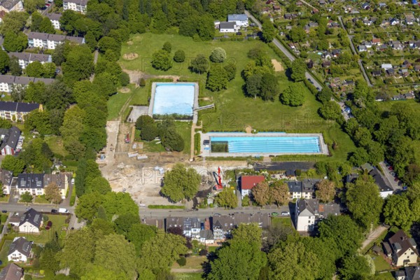 Aerial view, renovation of outdoor swimming pool Bochum-Werne, Bochum, Ruhr area, North
