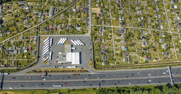 Aerial view, Shell petrol station, Vietingstraße, truck parking, motorway A40, allotment garden