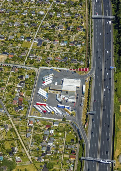 Aerial view, Shell petrol station, Vietingstraße, truck parking, motorway A40, allotment garden