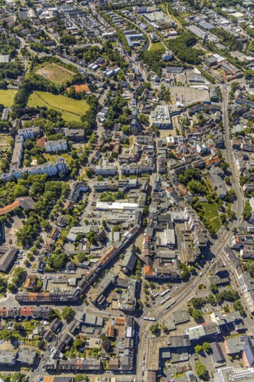 Aerial view, city centre view, pedestrian street Oststraße, Hochstraße, Friedenskirche, sports