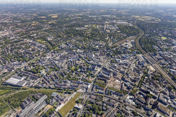 Aerial view, overview Bochum city centre from west to east with central station, Westring,