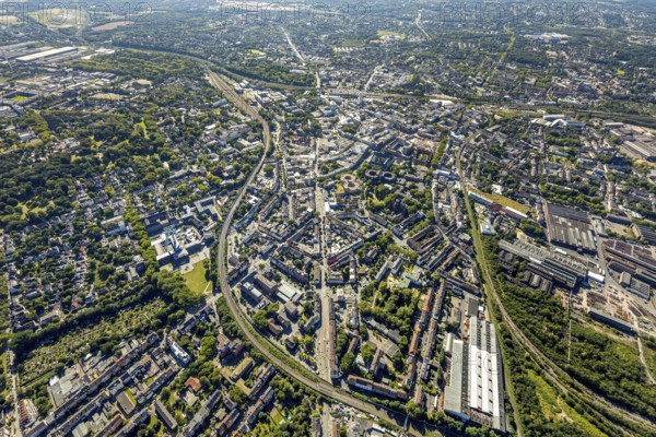 Aerial view, overview Bochum city centre from north to south with central station, mining museum,